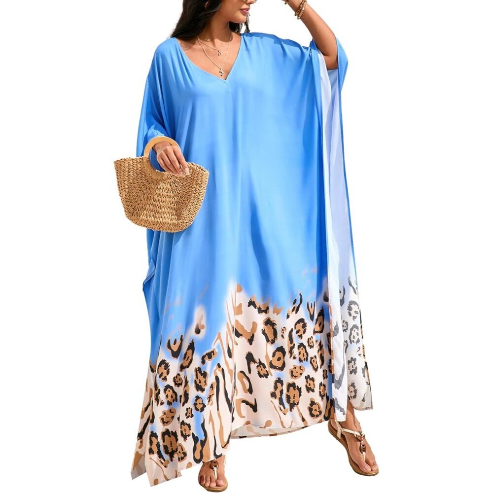 Women's Royal Blue 100% Polyester V Neck Summer Beach Dresses Cover Caftan Maxi